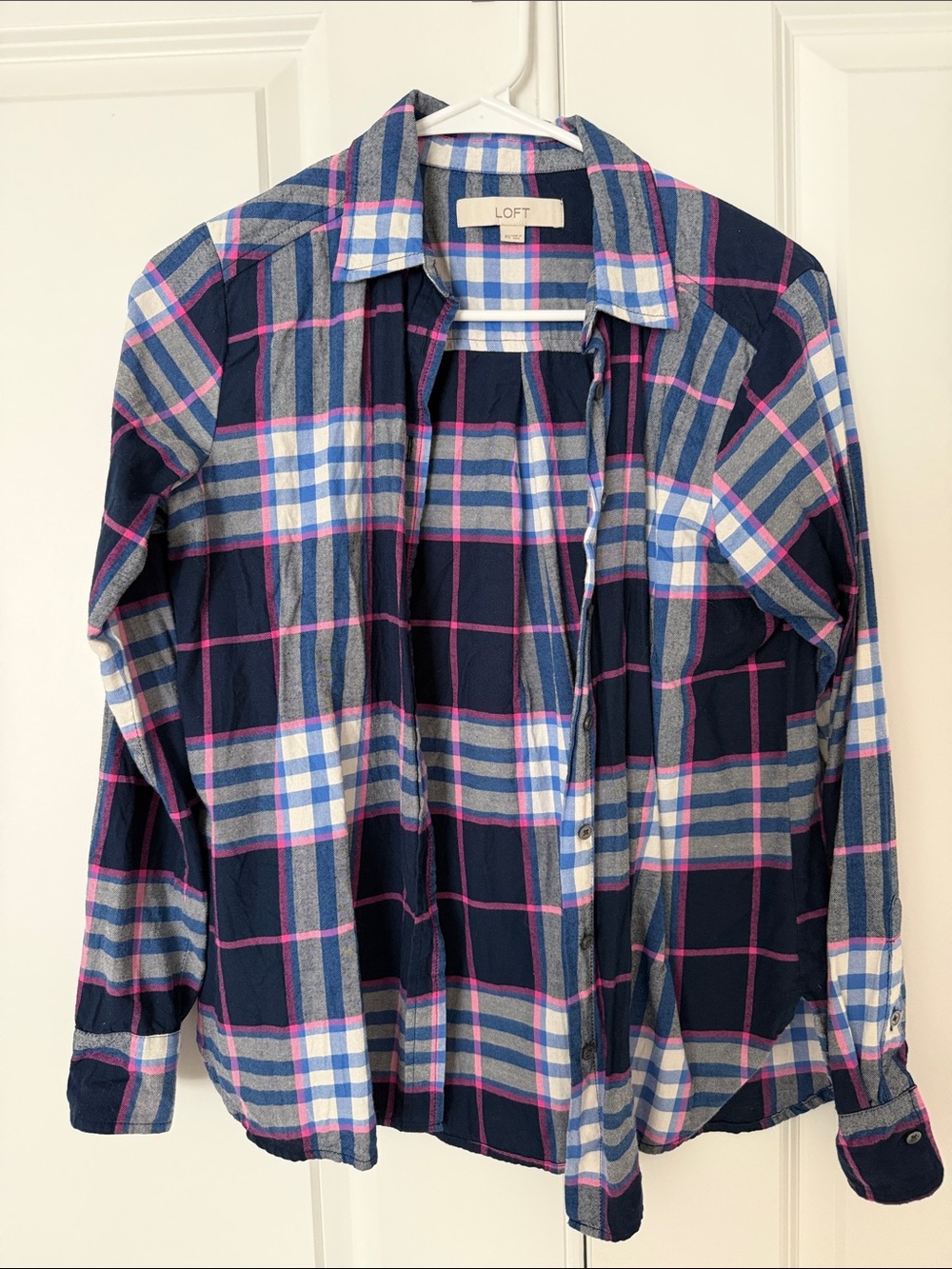 LOFT Navy Plaid Button-Down Shirt with Pink and Gray Stripes